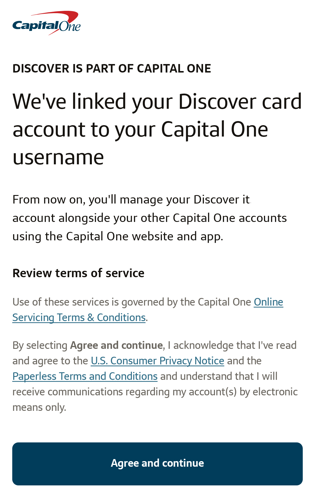 Discover Capital One conversion - initial screen
