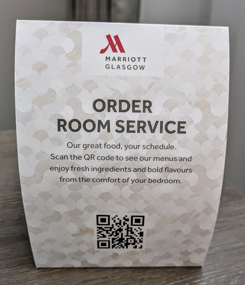 Glasgow Marriott, Scotland - QR code to check the room service menu