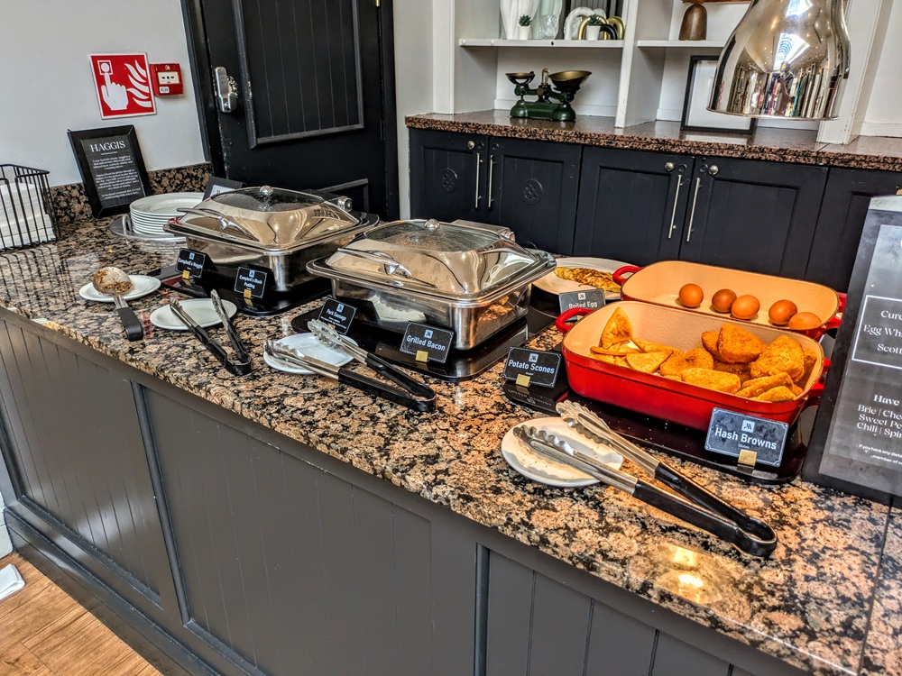 Glasgow Marriott, Scotland breakfast - Haggis, black pudding, sausage, bacon, potato scones, hash browns, & hardboiled eggs