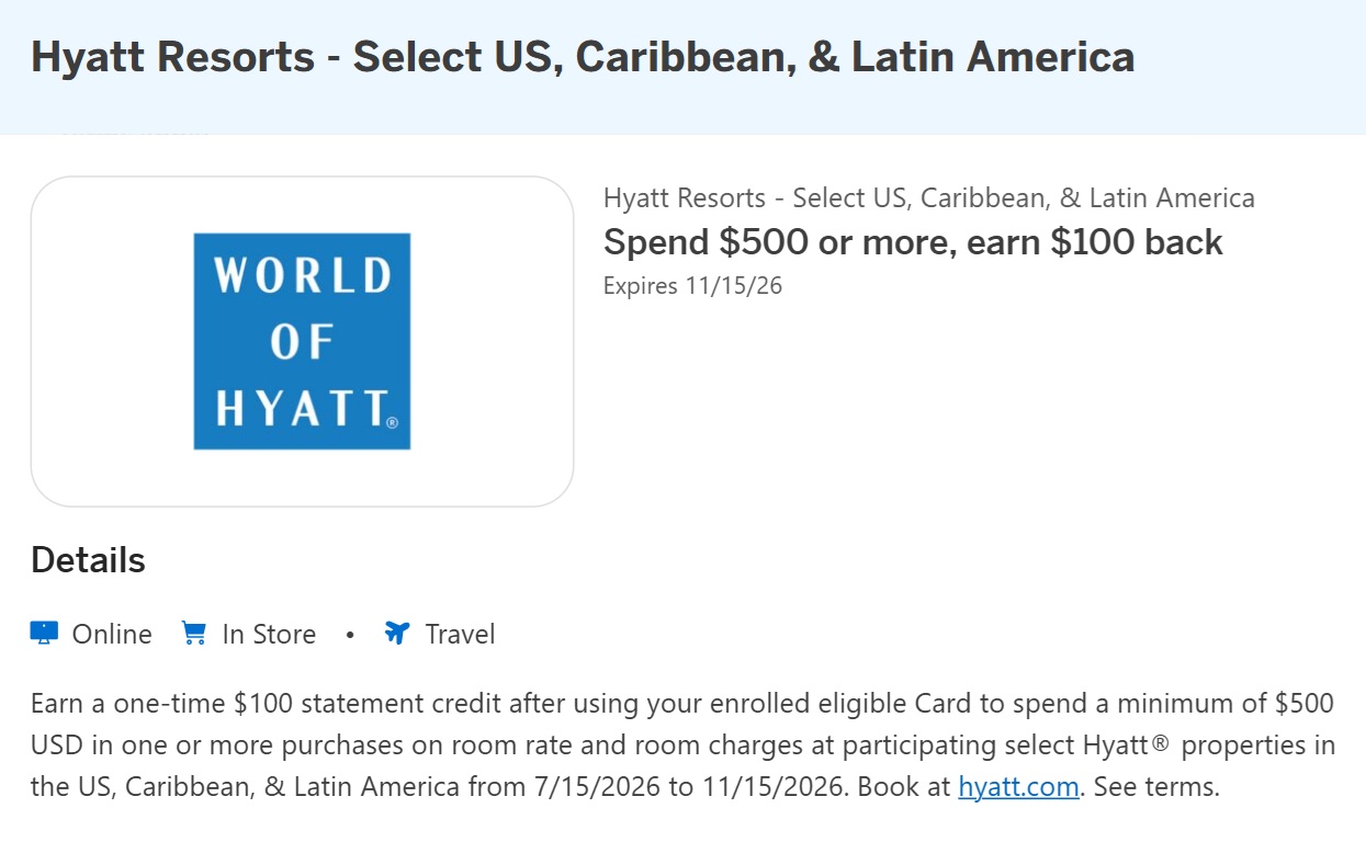 Hyatt Resorts Amex Offer: Get $100 back when spending $500+