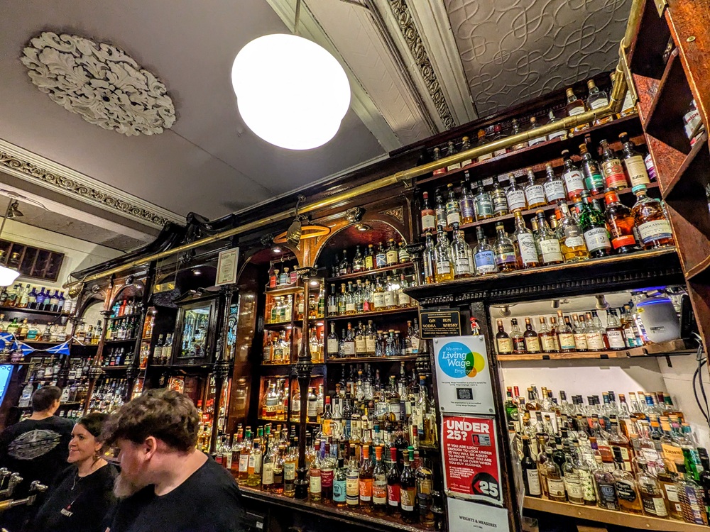 Just some of the whiskies at The Pot Still in Glasgow, Scotland
