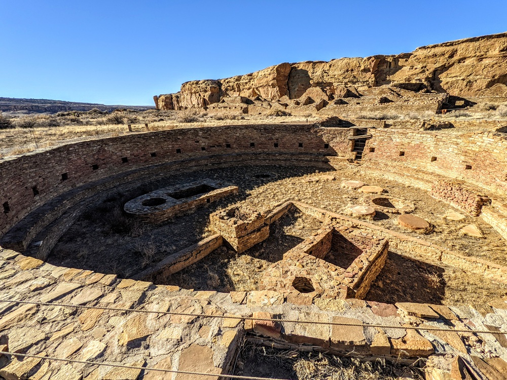 Large kiva in Chetro Ketl guest house at Chaco Culture National Historical Park in New Mexico
