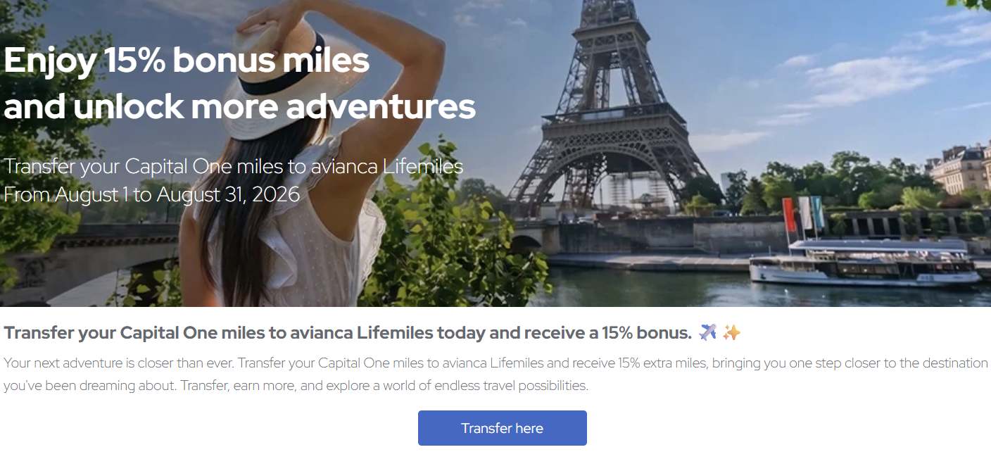 15% transfer bonus from Capital One to Avianca LifeMiles