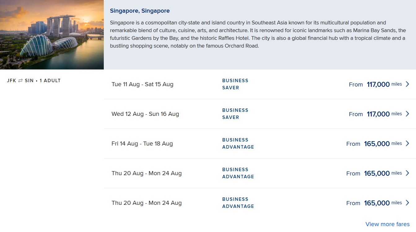 Singapore Airlines search results