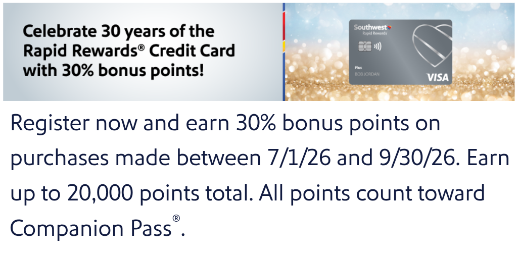 Southwest cardholder 30% bonus points