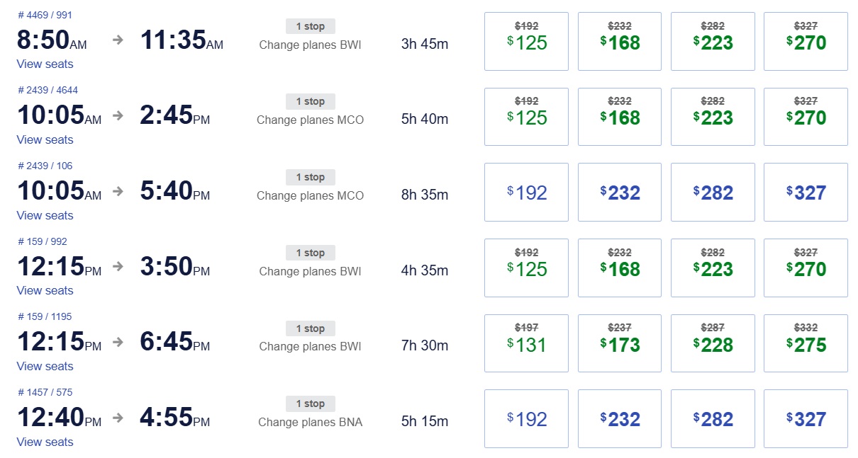Southwest sale examples cash fares