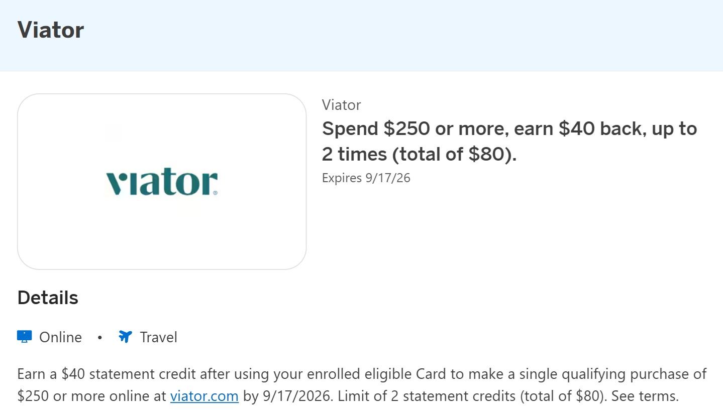 Get $40 back when spending $250+ with Viator Amex Offer (can use twice)
