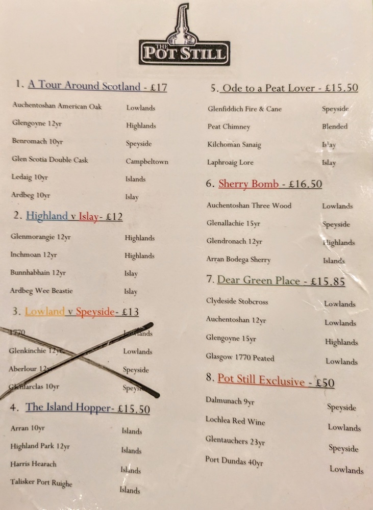 Whisky flight menu at The Pot Still in Glasgow