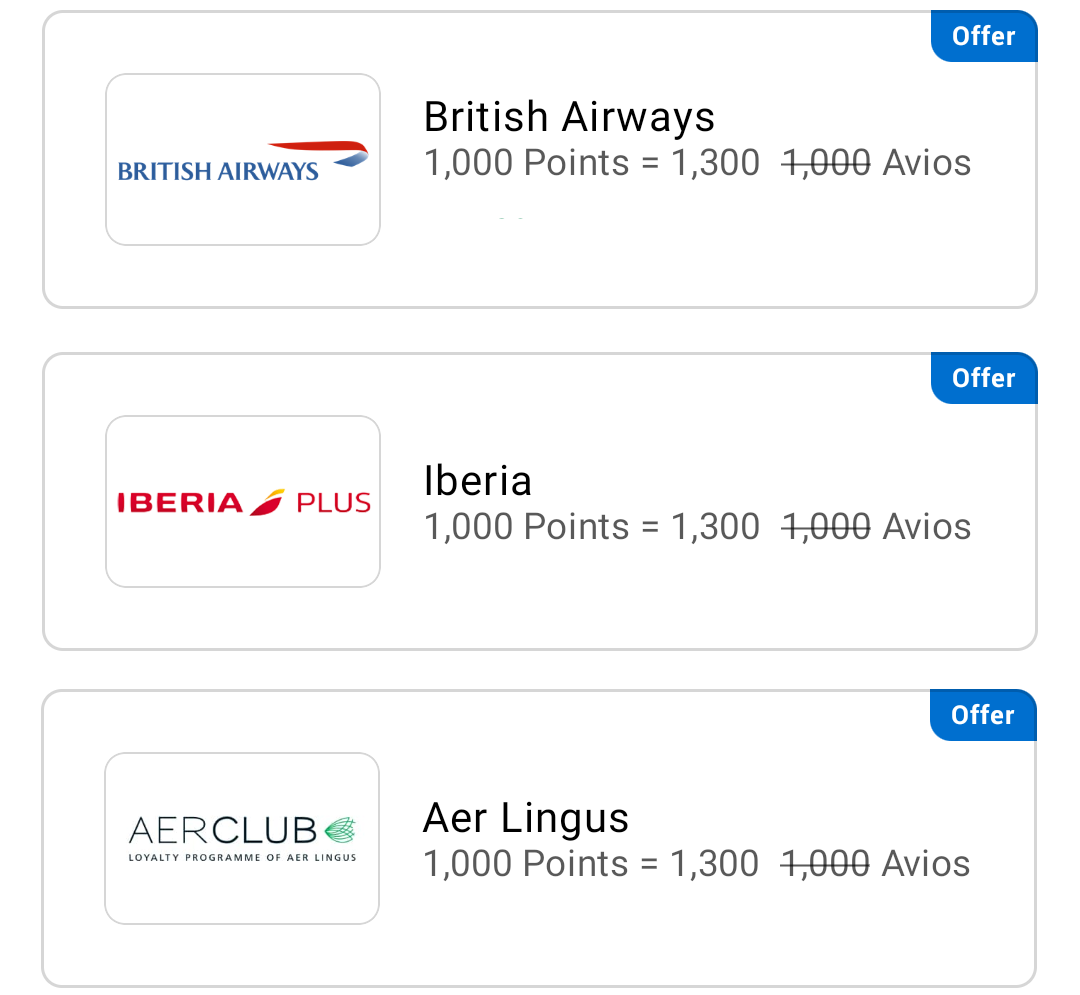 American Express Membership Rewards Avios British Airways Iberia Aer Lingus 30% transfer bonus