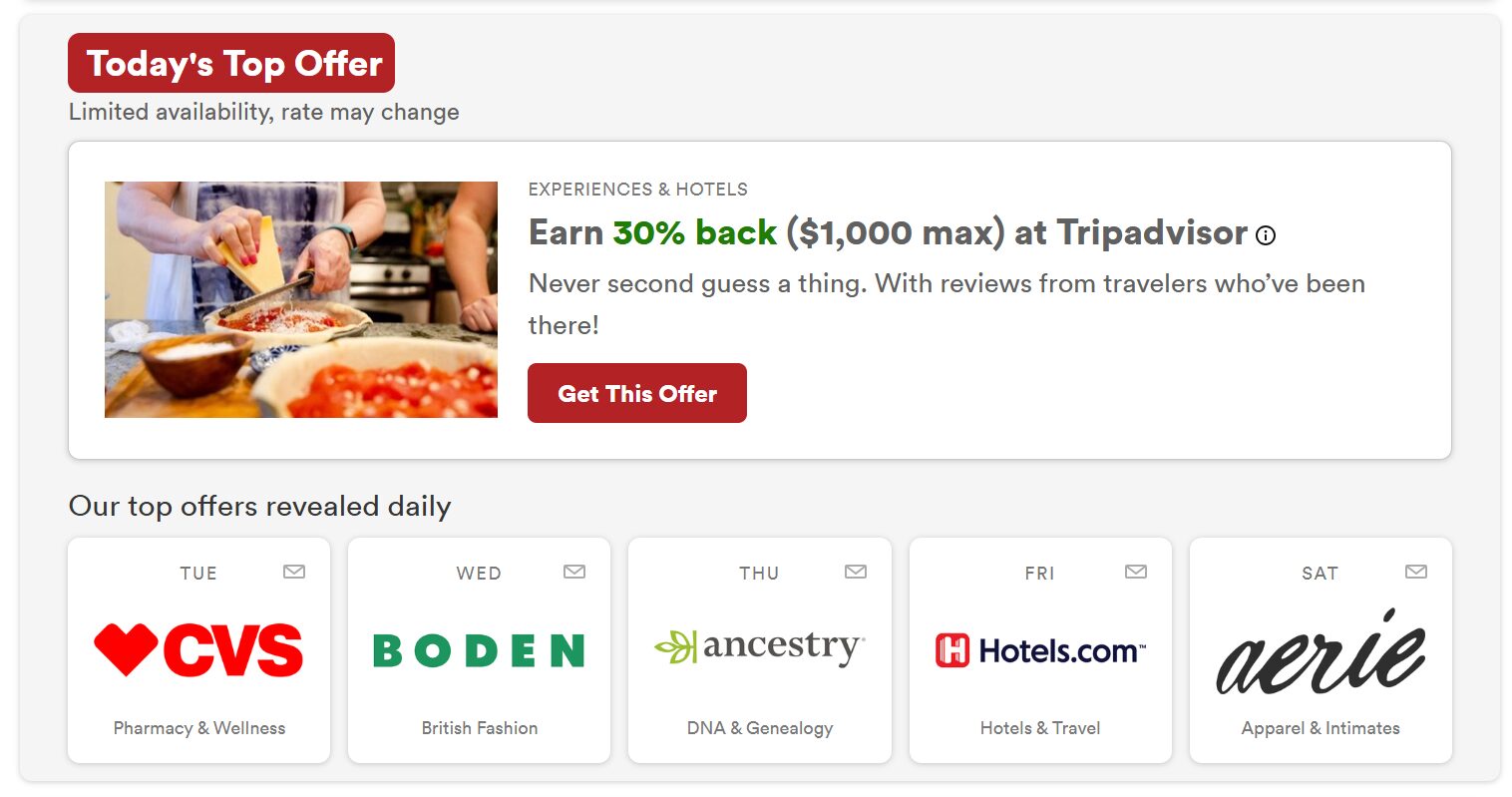 30% back (maybe more?) or 25x miles on TripAdvisor bookings through Capital One Shopping / Capital One Offers