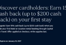 Discover cardholder promo: Earn 15% cashback on first stay booked on Capital One Travel Discover Capital One Travel 15% cashback