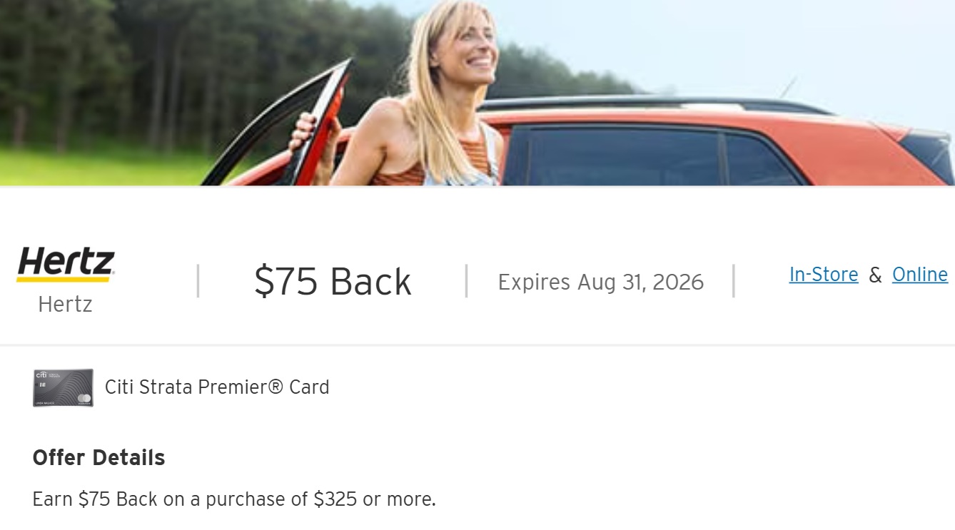 Hertz Citi Offer spend $325 get $75